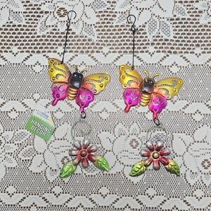 2pc Set New Butterfly Rustic Metal Hanging Garden Patio Decor Yellow Pink Red